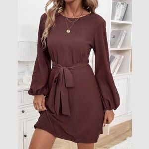 long lantern sleeve belted dress